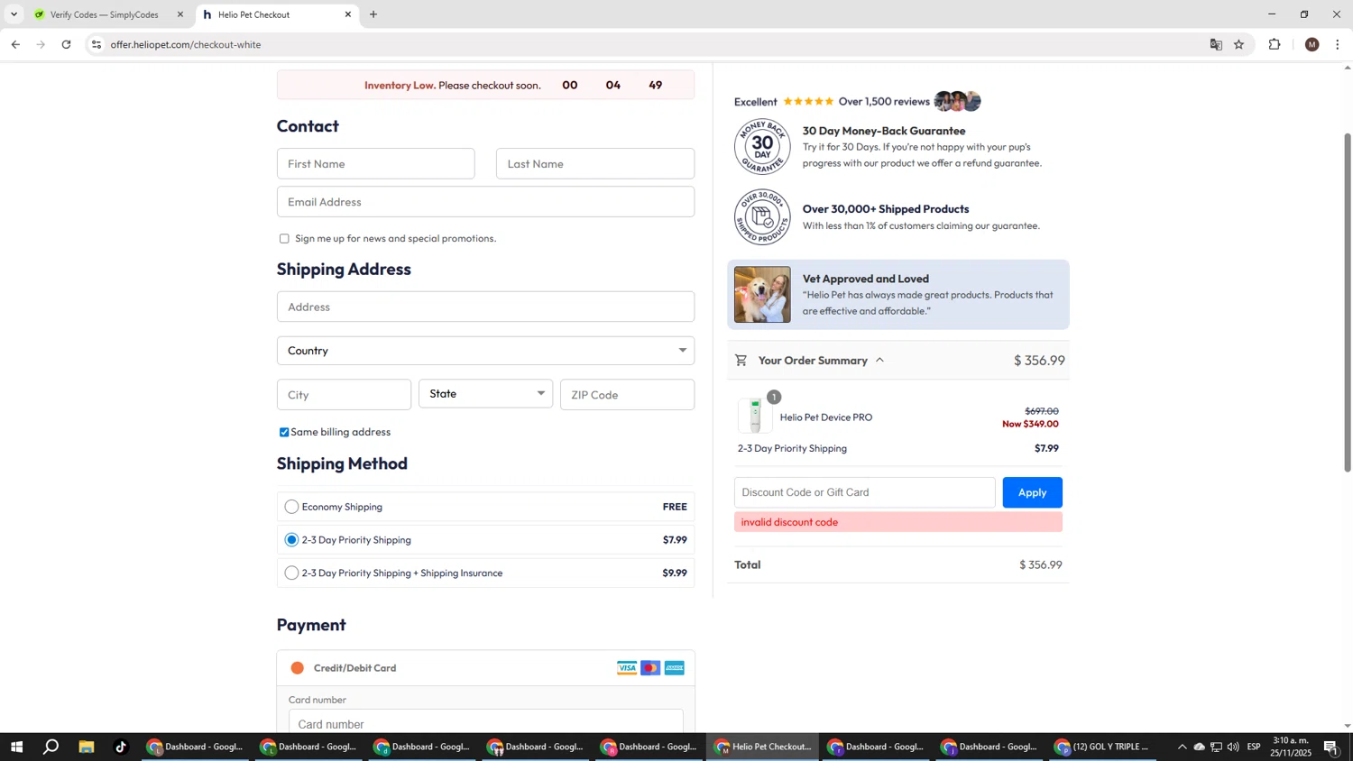 Helio Pet discount code screenshot showing code WHISKERS10 applied at Helio Pet checkout page. Uploaded by SimplyCodes community member KTMCRF on Nov 25, 2025
