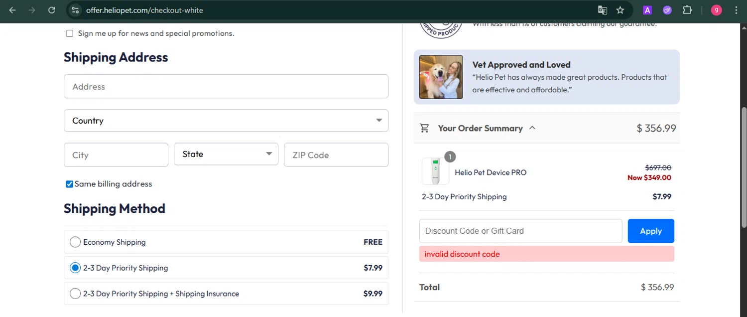 Helio Pet discount code screenshot showing code WHISKERS10 applied at Helio Pet checkout page. Uploaded by SimplyCodes community member MoneyFalcon481 on Nov 25, 2025