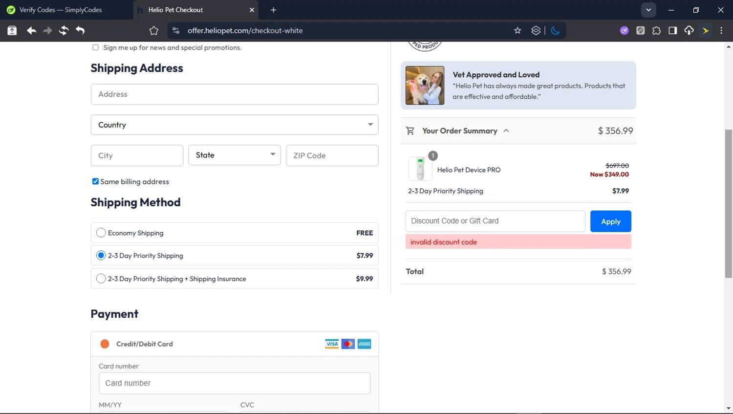 Helio Pet discount code screenshot showing code WHISKERS10 applied at Helio Pet checkout page. Uploaded by SimplyCodes community member userrandon on Nov 25, 2025