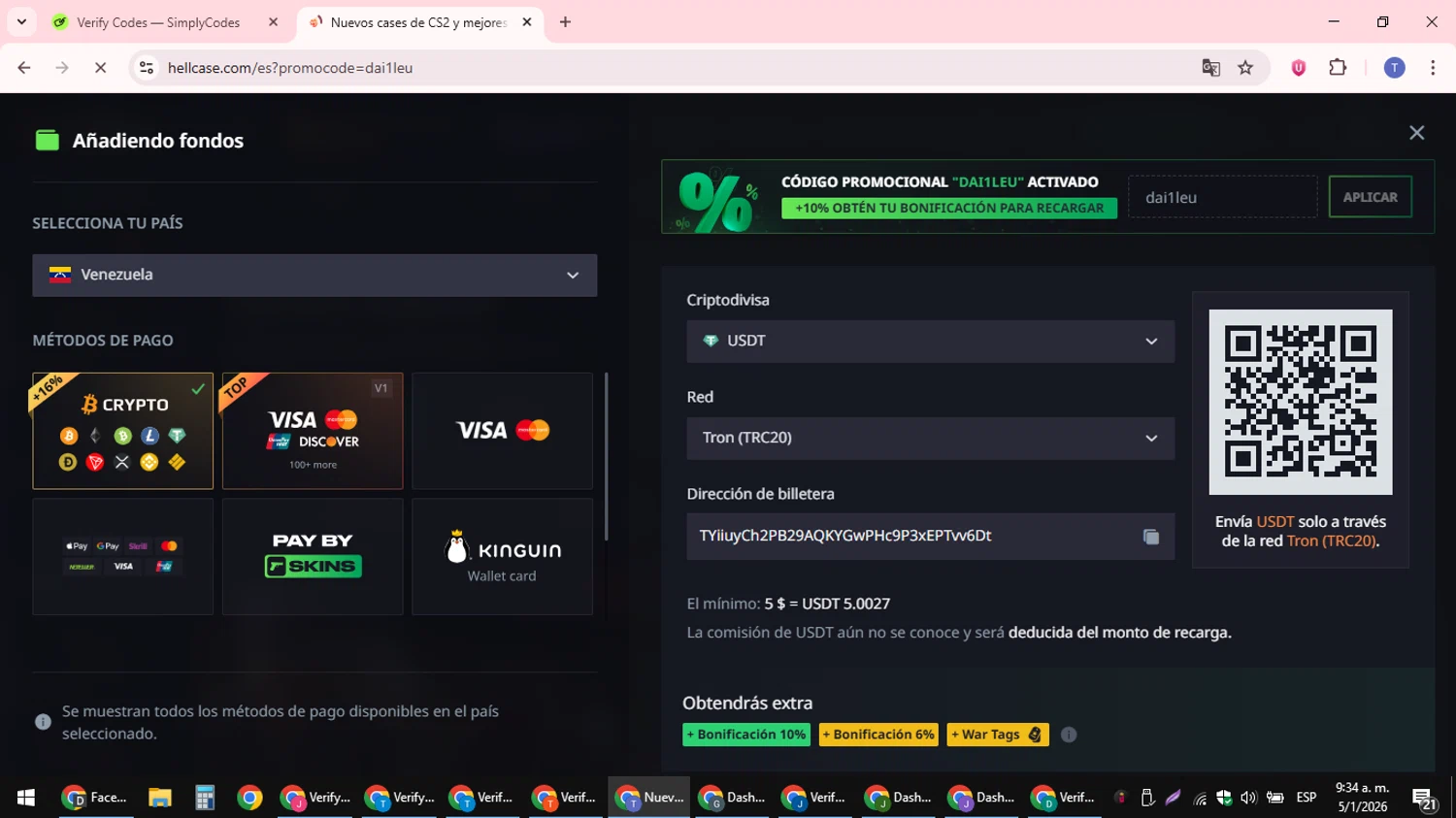 Hellcase promo code screenshot showing code dai1leu applied at Hellcase checkout page. Uploaded by SimplyCodes community member snidertom8 on Jan 5, 2026