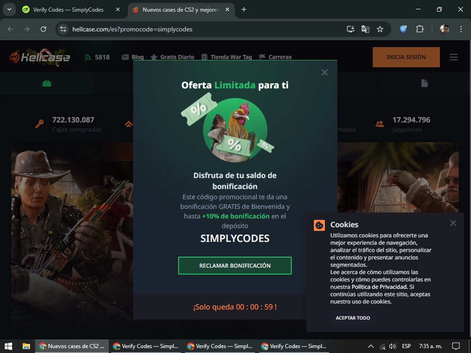 Hellcase promo code screenshot showing code kiqisun applied at Hellcase checkout page. Uploaded by SimplyCodes community member DiscountSeeker682 on Dec 31, 2025