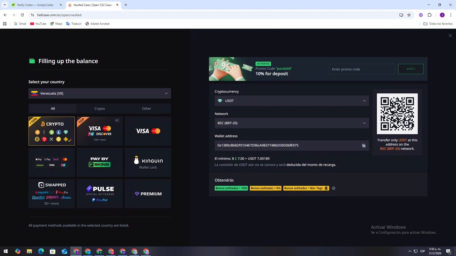 Hellcase promo code screenshot showing code PANDA68 applied at Hellcase checkout page. Uploaded by SimplyCodes community member CodeLynx5272 on Feb 21, 2026