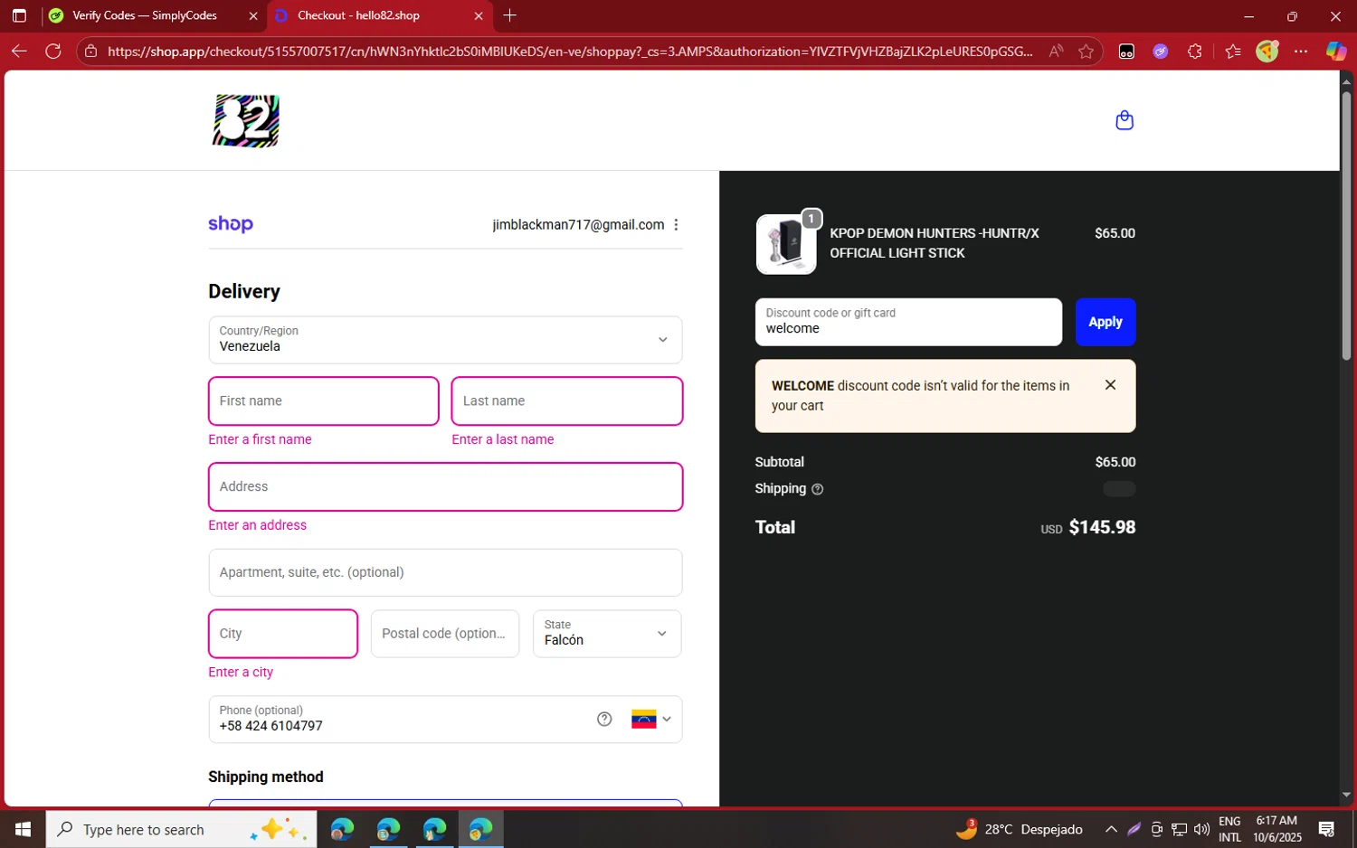 hello82 discount code screenshot showing code welcome applied at hello82 checkout page. Uploaded by SimplyCodes community member jvllsk2 on Oct 6, 2025