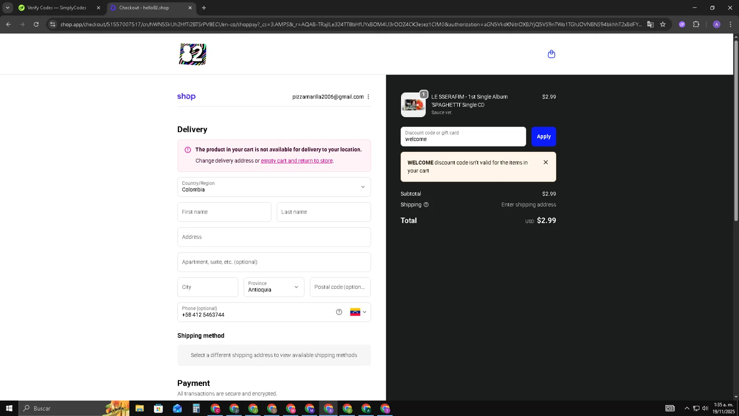 hello82 discount code screenshot showing code welcome applied at hello82 checkout page. Uploaded by SimplyCodes community member SAKURA on Nov 19, 2025