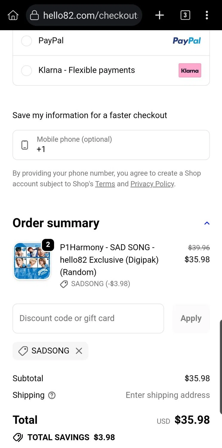 hello82 discount code screenshot showing code SADSONG applied at hello82 checkout page. Uploaded by SimplyCodes community member Carloslvz on Jan 14, 2026