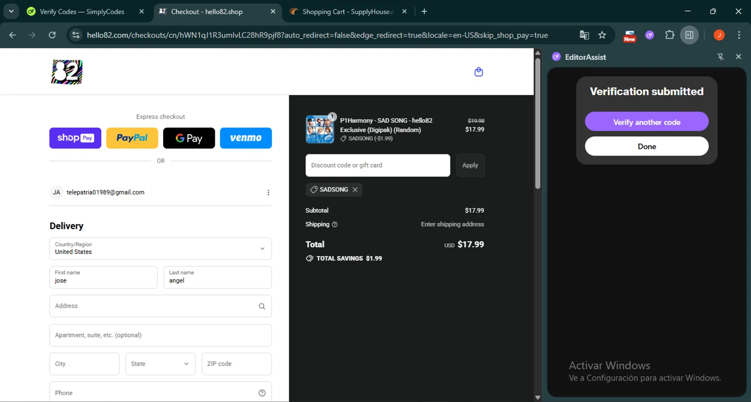 hello82 discount code screenshot showing code SADSONG applied at hello82 checkout page. Uploaded by SimplyCodes community member SilverRanger658 on Aug 15, 2025