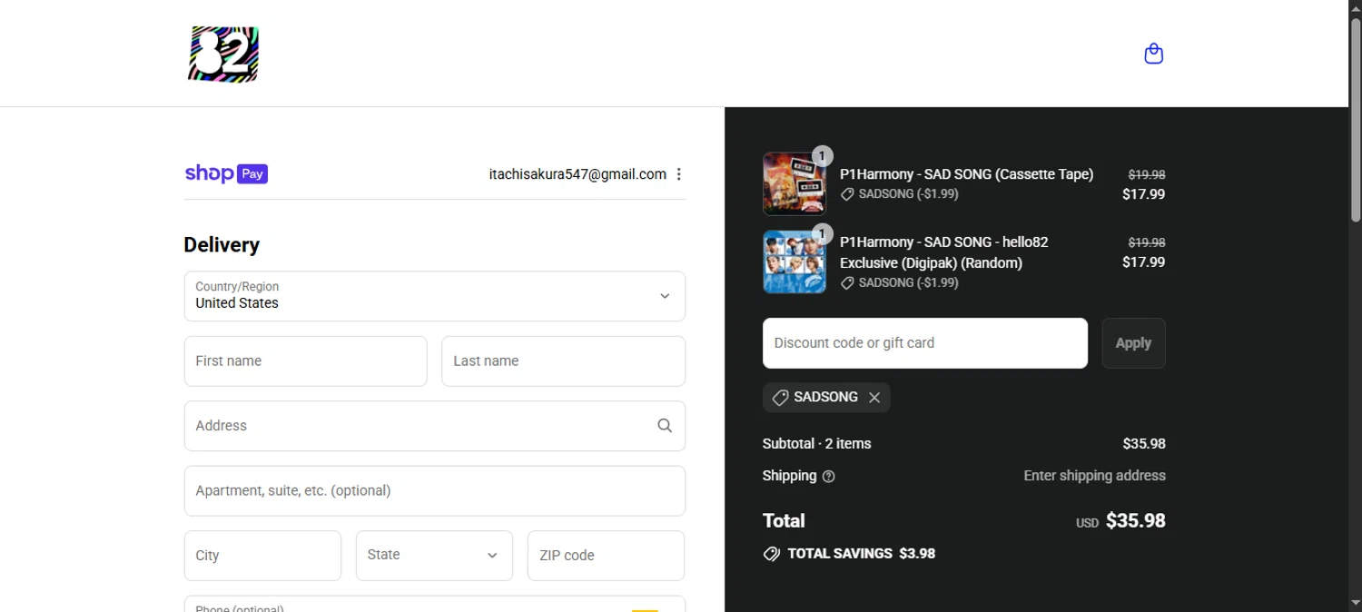 hello82 discount code screenshot showing code SADSONG applied at hello82 checkout page. Uploaded by SimplyCodes community member noworries on Jul 27, 2025
