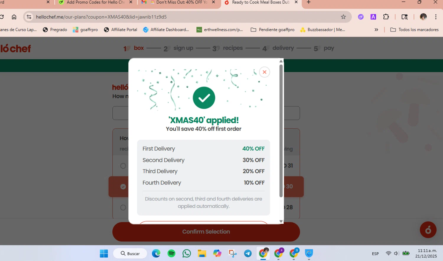 Hello Chef promo code screenshot showing code XMAS40 applied at Hello Chef checkout page. Uploaded by SimplyCodes community member luisaballera on Dec 21, 2025