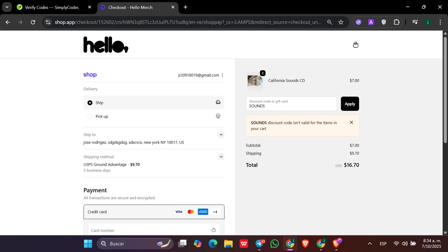 Hello Merch discount code screenshot showing code SOUNDS applied at Hello Merch checkout page. Uploaded by SimplyCodes community member hanzell03 on Oct 7, 2025