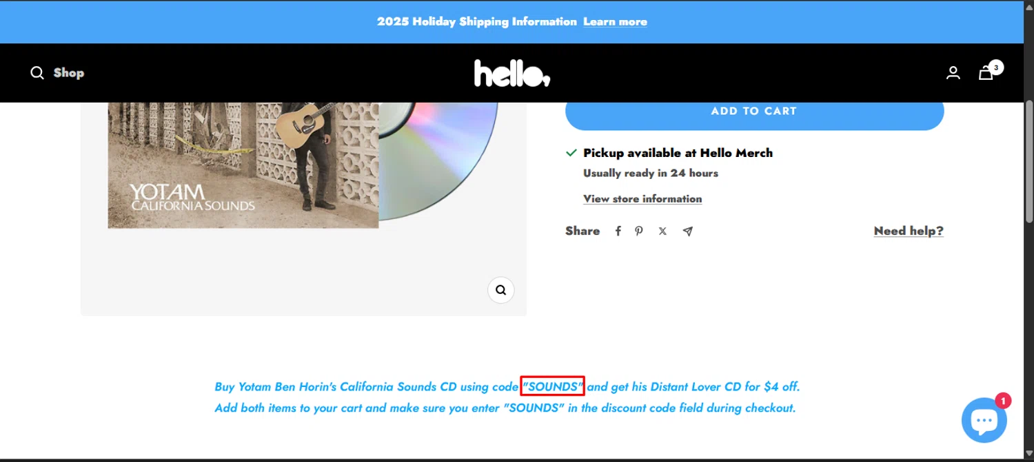 Hello Merch discount code screenshot showing code SOUNDS applied at Hello Merch checkout page. Uploaded by SimplyCodes community member noworries on Nov 30, 2025