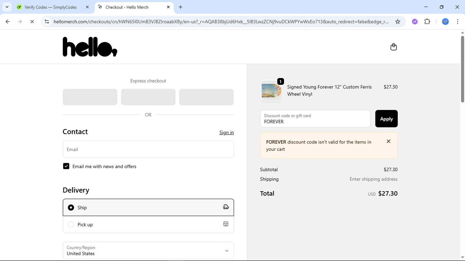 Hello Merch discount code screenshot showing code FOREVER applied at Hello Merch checkout page. Uploaded by SimplyCodes community member DiscountTiger7630 on Dec 5, 2025
