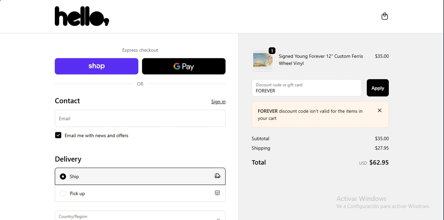 Hello Merch discount code screenshot showing code FOREVER applied at Hello Merch checkout page. Uploaded by SimplyCodes community member RewardLynx9164 on Nov 20, 2025