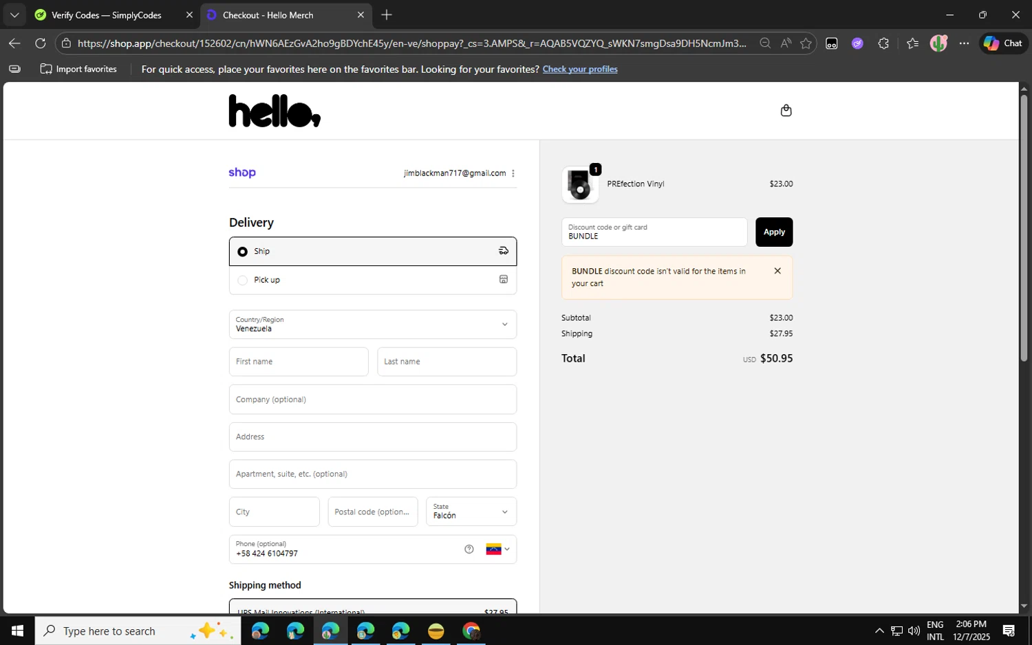 Hello Merch discount code screenshot showing code BUNDLE applied at Hello Merch checkout page. Uploaded by SimplyCodes community member Jvllsk1 on Dec 7, 2025
