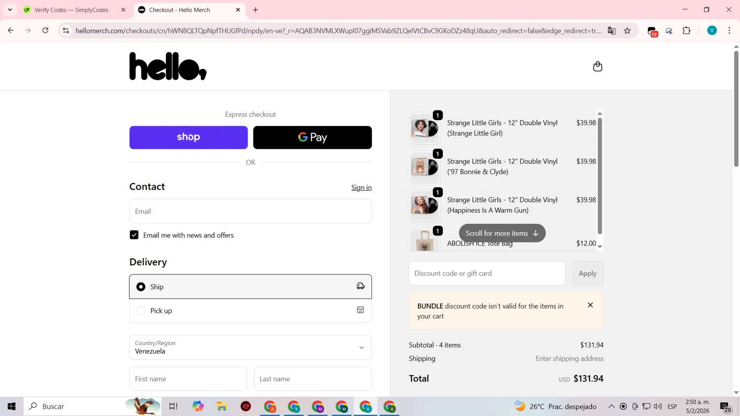 Hello Merch discount code screenshot showing code BUNDLE applied at Hello Merch checkout page. Uploaded by SimplyCodes community member lyffytaro on Feb 5, 2026
