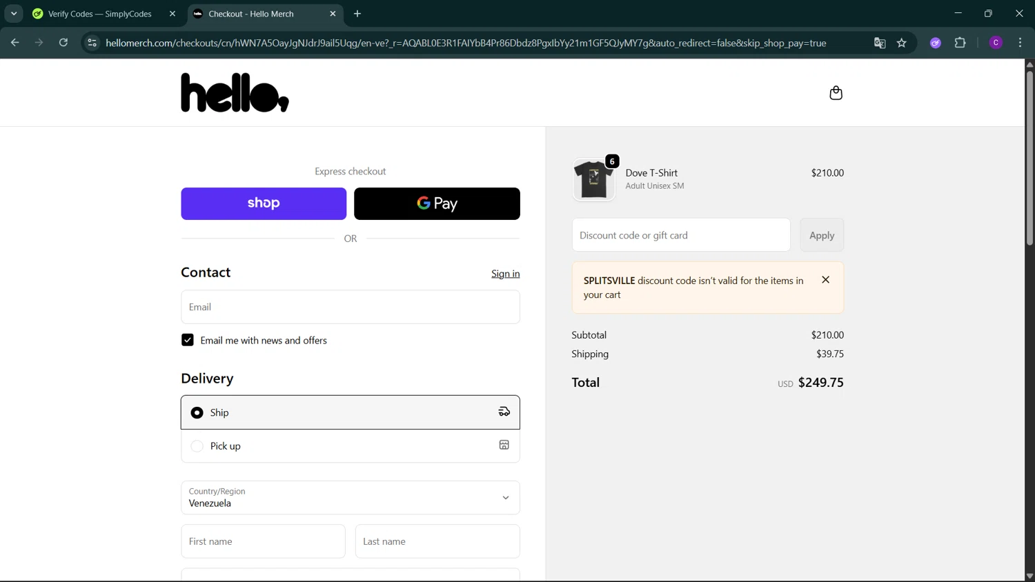Hello Merch discount code screenshot showing code SPLITSVILLE applied at Hello Merch checkout page. Uploaded by SimplyCodes community member GoldSeeker3096 on Jan 3, 2026