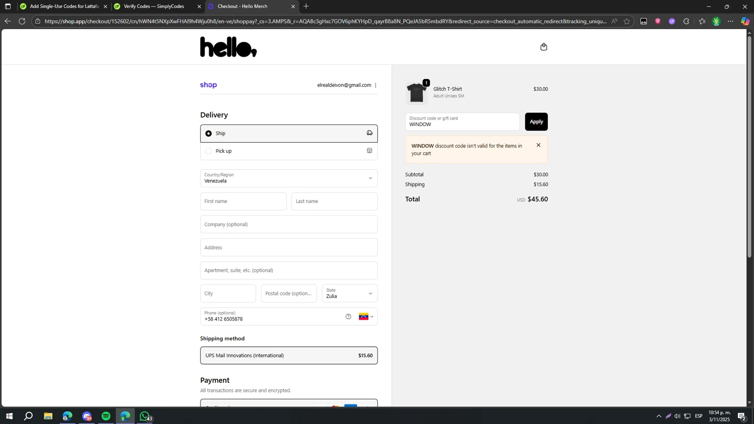 Hello Merch discount code screenshot showing code WINDOW applied at Hello Merch checkout page. Uploaded by SimplyCodes community member gaaaaaaara on Nov 4, 2025