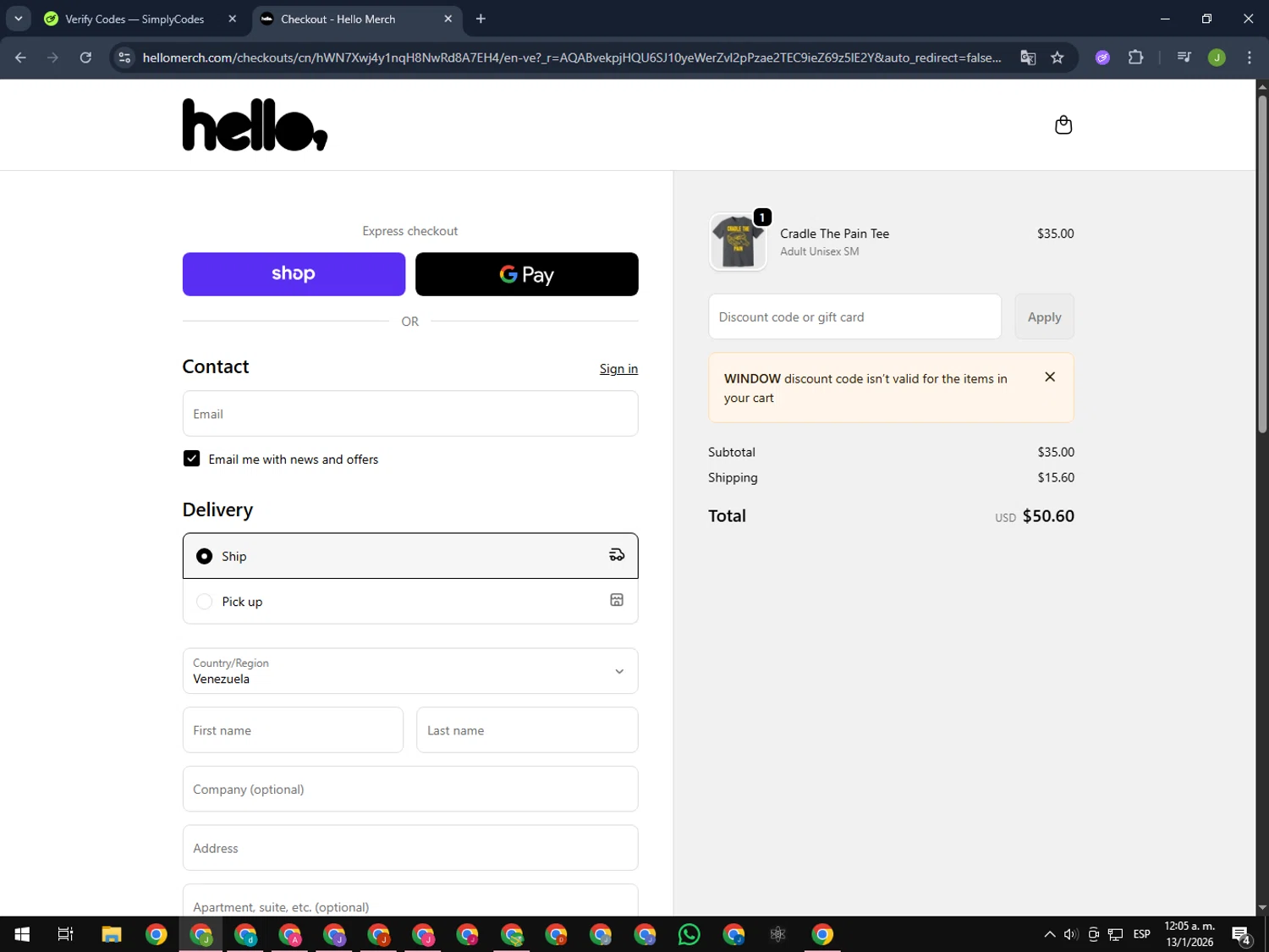 Hello Merch discount code screenshot showing code WINDOW applied at Hello Merch checkout page. Uploaded by SimplyCodes community member MightyFinder1041 on Jan 13, 2026