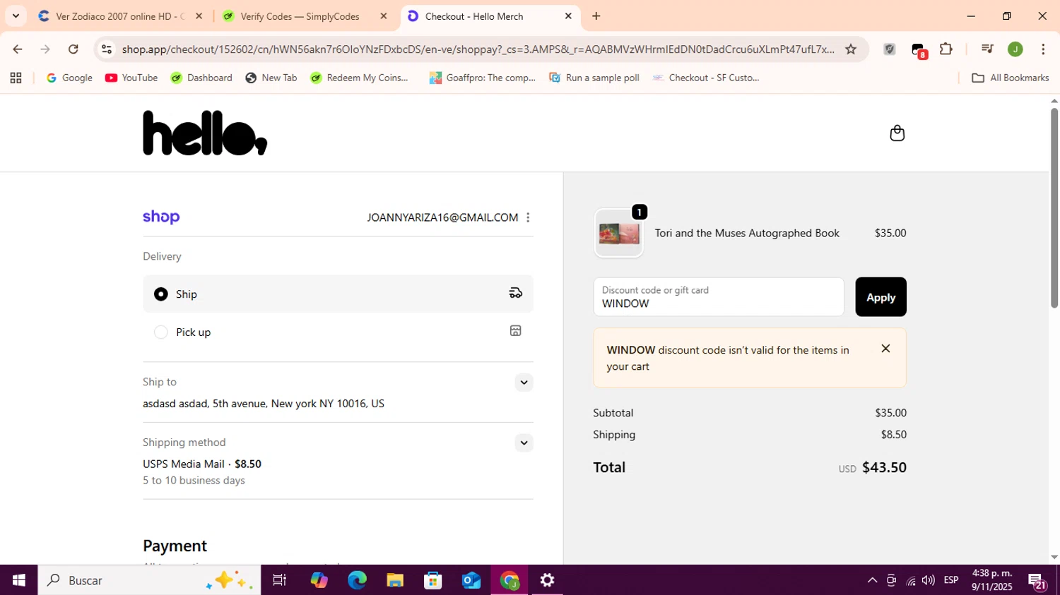 Hello Merch discount code screenshot showing code WINDOW applied at Hello Merch checkout page. Uploaded by SimplyCodes community member Sukuna_ on Nov 9, 2025