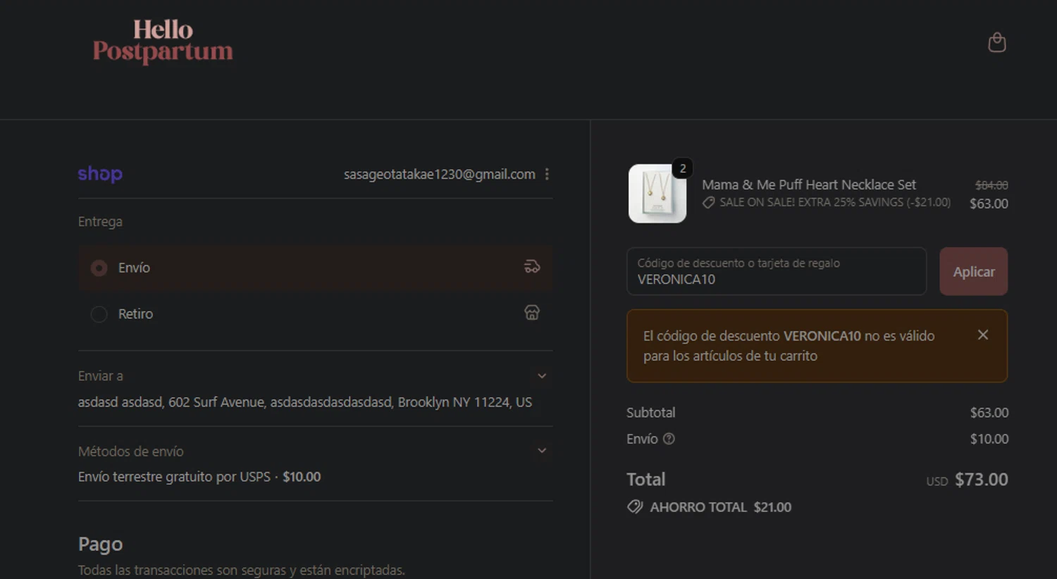 Hello Postpartum discount code screenshot showing code VERONICA10 applied at Hello Postpartum checkout page. Uploaded by SimplyCodes community member FIREINTHEHOLE on Oct 7, 2025