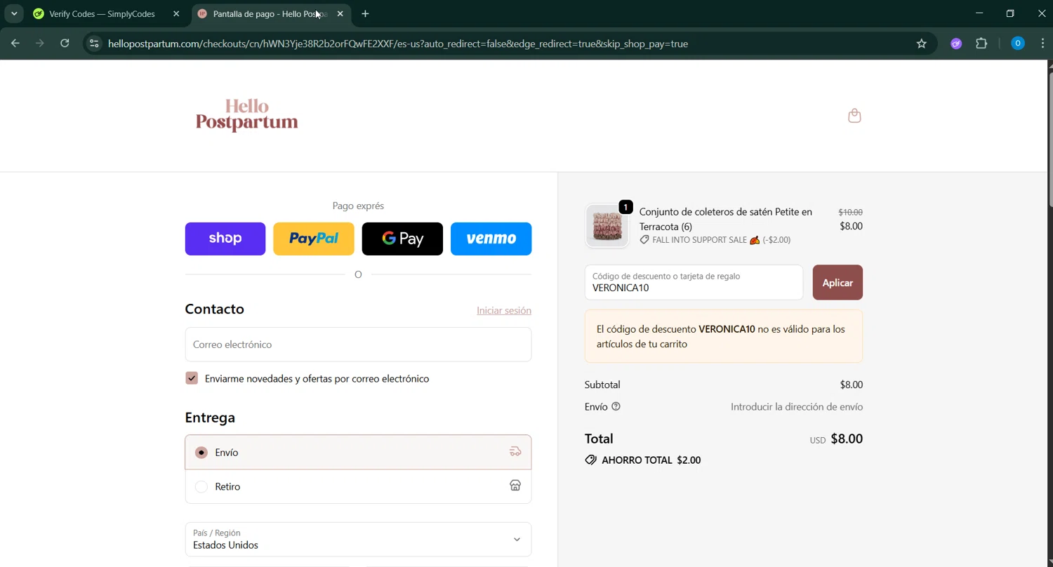 Hello Postpartum discount code screenshot showing code VERONICA10 applied at Hello Postpartum checkout page. Uploaded by SimplyCodes community member GoldChaser6627 on Sep 30, 2025