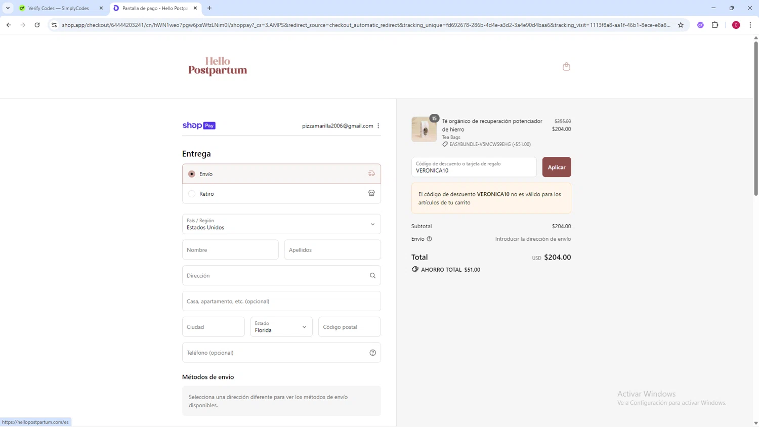 Hello Postpartum discount code screenshot showing code VERONICA10 applied at Hello Postpartum checkout page. Uploaded by SimplyCodes community member TOROREX250 on Aug 18, 2025