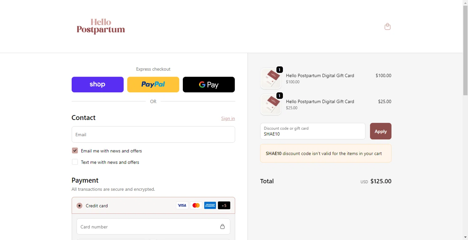 Hello Postpartum discount code screenshot showing code SHAE10 applied at Hello Postpartum checkout page. Uploaded by SimplyCodes community member RewardLion6202 on Sep 30, 2025