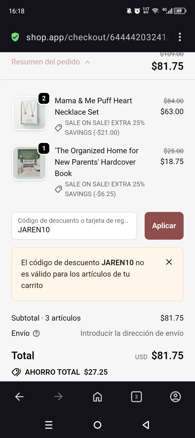 Hello Postpartum discount code screenshot showing code JAREN10 applied at Hello Postpartum checkout page. Uploaded by SimplyCodes community member Olivatle37 on Oct 7, 2025