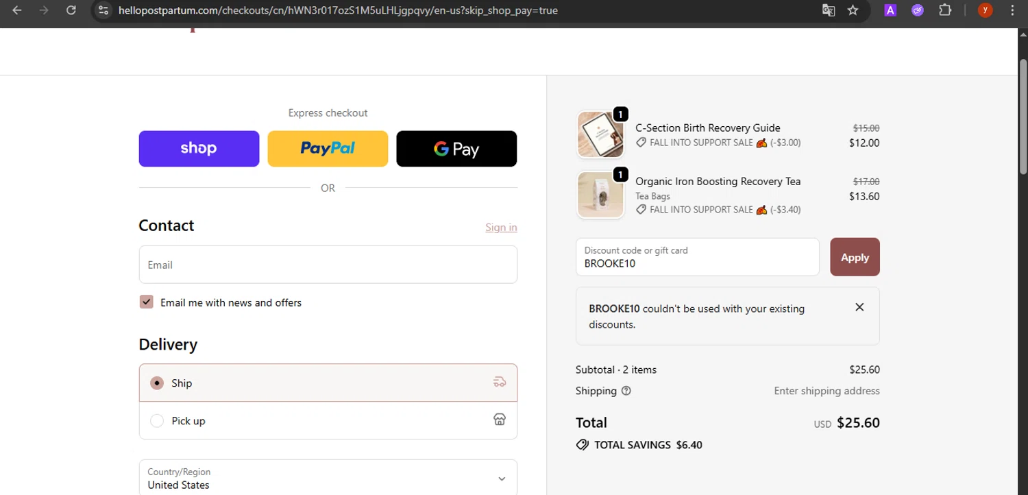 Hello Postpartum discount code screenshot showing code BROOKE10 applied at Hello Postpartum checkout page. Uploaded by SimplyCodes community member CrownTiger7501 on Oct 7, 2025