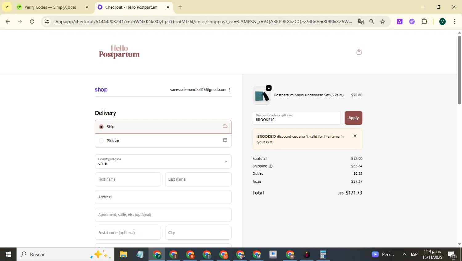 Hello Postpartum discount code screenshot showing code BROOKE10 applied at Hello Postpartum checkout page. Uploaded by SimplyCodes community member FrugalHawk8896 on Nov 15, 2025