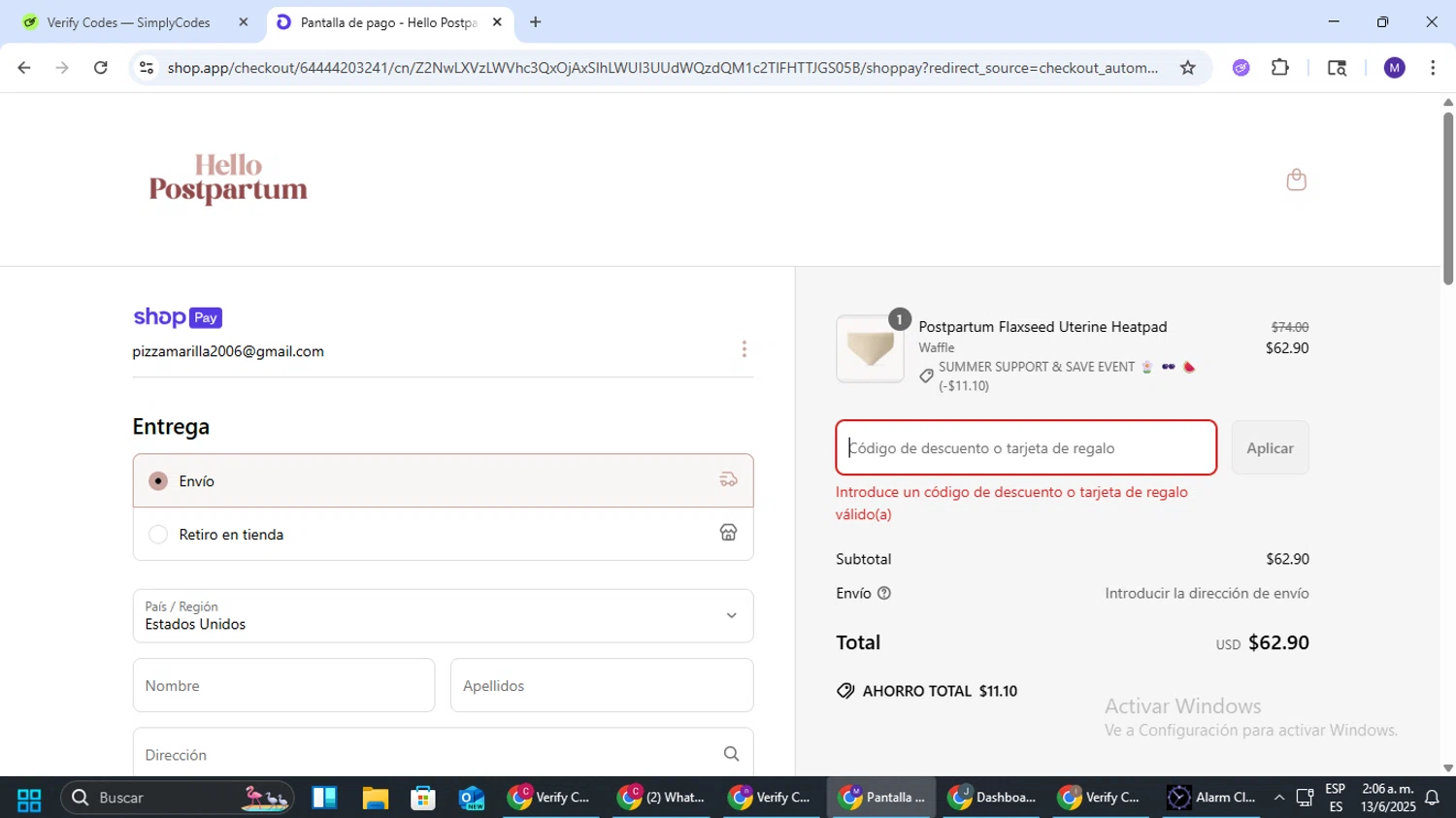 Hello Postpartum discount code screenshot showing code MAMAMEALS applied at Hello Postpartum checkout page. Uploaded by SimplyCodes community member CRF250CC on Jun 13, 2025