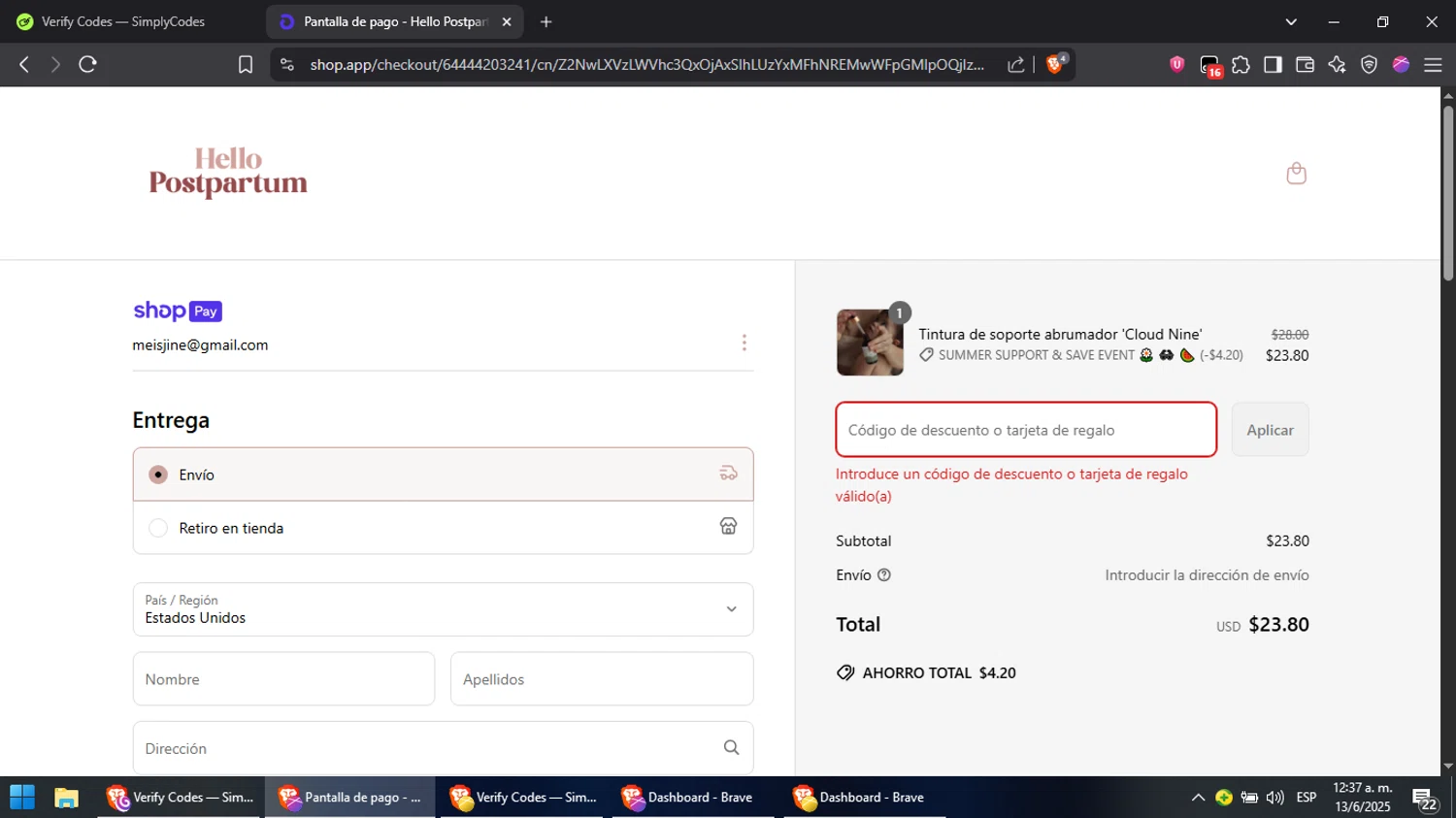Hello Postpartum discount code screenshot showing code MAMAMEALS applied at Hello Postpartum checkout page. Uploaded by SimplyCodes community member Cynoxx on Jun 13, 2025