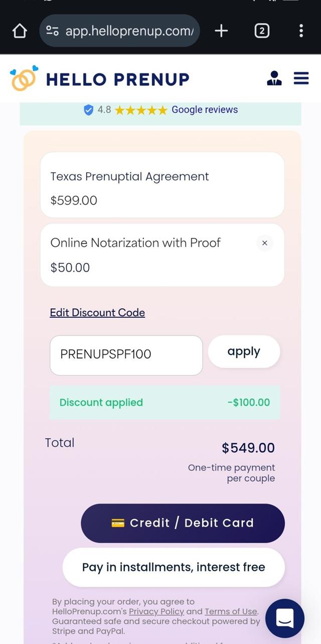 Hello Prenup checkout page showing Hello Prenup discount code box | Screenshot taken by SimplyCodes community member on Jul 31, 2025