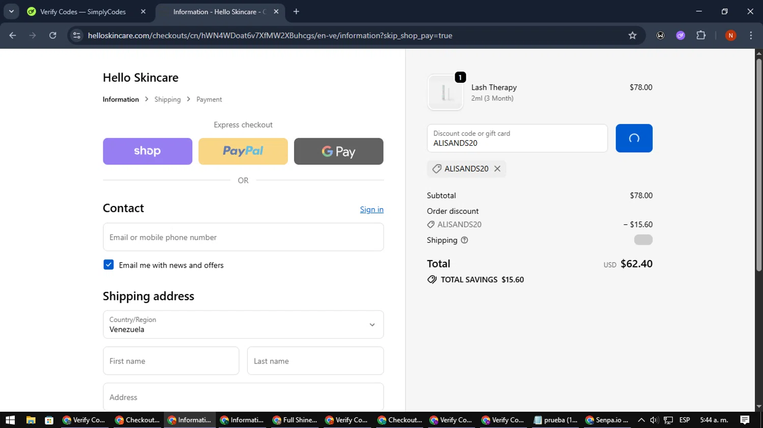 Hello Skincare discount code screenshot showing code ALISANDS20 applied at Hello Skincare checkout page. Uploaded by SimplyCodes community member MagnificentScout194 on Oct 25, 2025