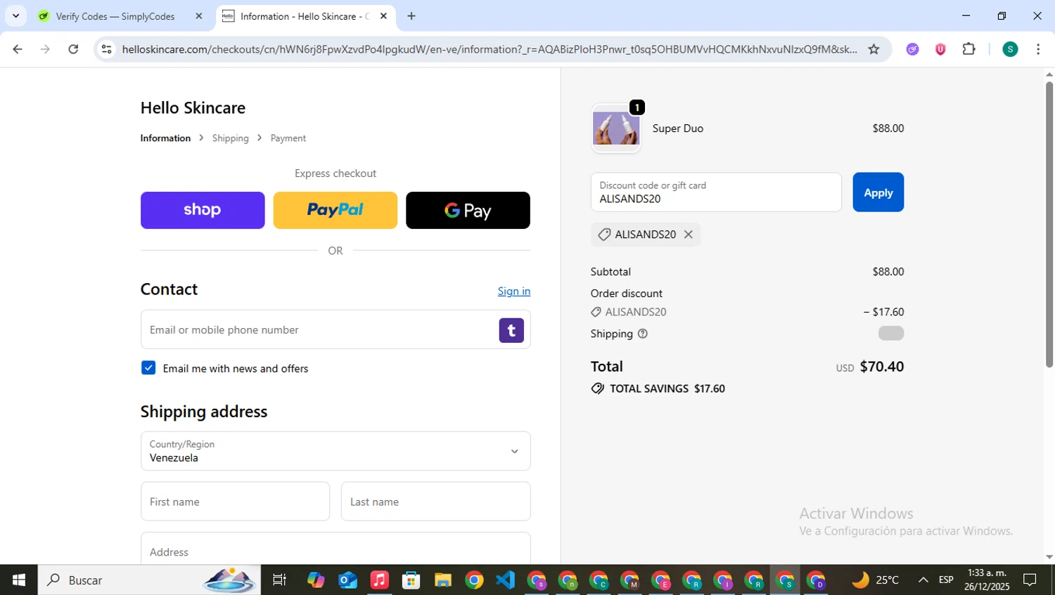 Hello Skincare discount code screenshot showing code ALISANDS20 applied at Hello Skincare checkout page. Uploaded by SimplyCodes community member VictoriousPilot5281 on Dec 26, 2025