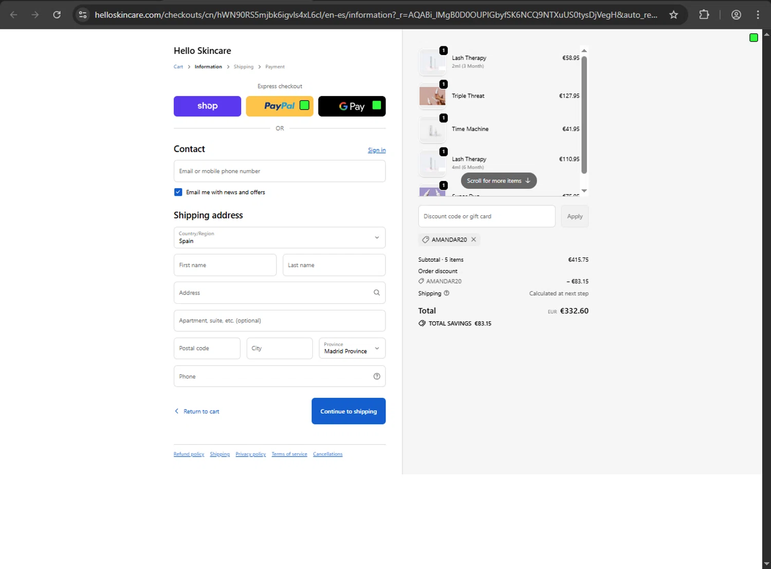 Hello Skincare checkout page showing Hello Skincare discount code box | Screenshot taken by SimplyCodes community member on Feb 20, 2026