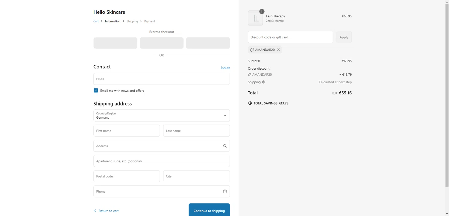 Hello Skincare discount code screenshot showing code AmandaR20 applied at Hello Skincare checkout page. Uploaded by SimplyCodes community member DiscountWarden480 on Jun 20, 2025