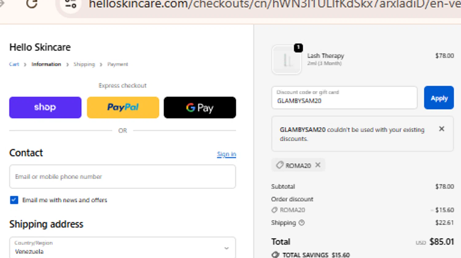 Hello Skincare discount code screenshot showing code GLAMBYSAM20 applied at Hello Skincare checkout page. Uploaded by SimplyCodes community member BudgetLion5814 on Oct 5, 2025