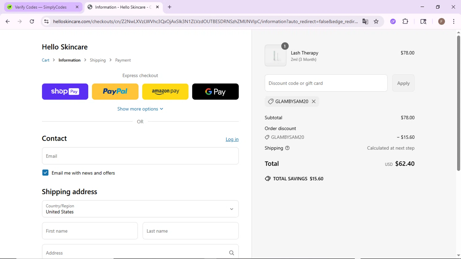 Hello Skincare discount code screenshot showing code GLAMBYSAM20 applied at Hello Skincare checkout page. Uploaded by SimplyCodes community member CashLion2660 on Jun 20, 2025