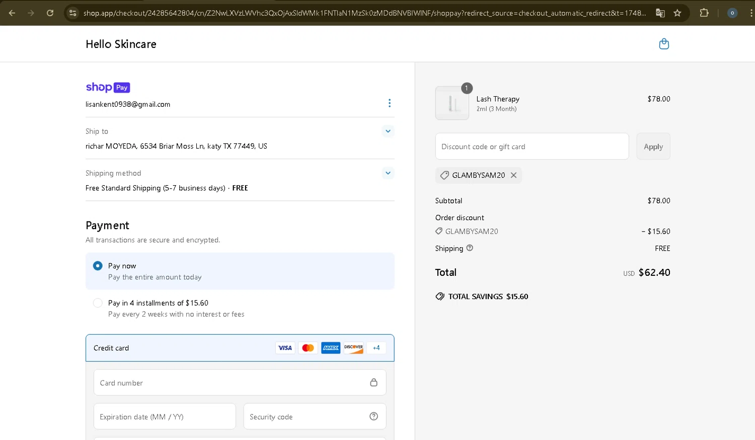 Hello Skincare discount code screenshot showing code GLAMBYSAM20 applied at Hello Skincare checkout page. Uploaded by SimplyCodes community member Danmiel007 on Jun 3, 2025