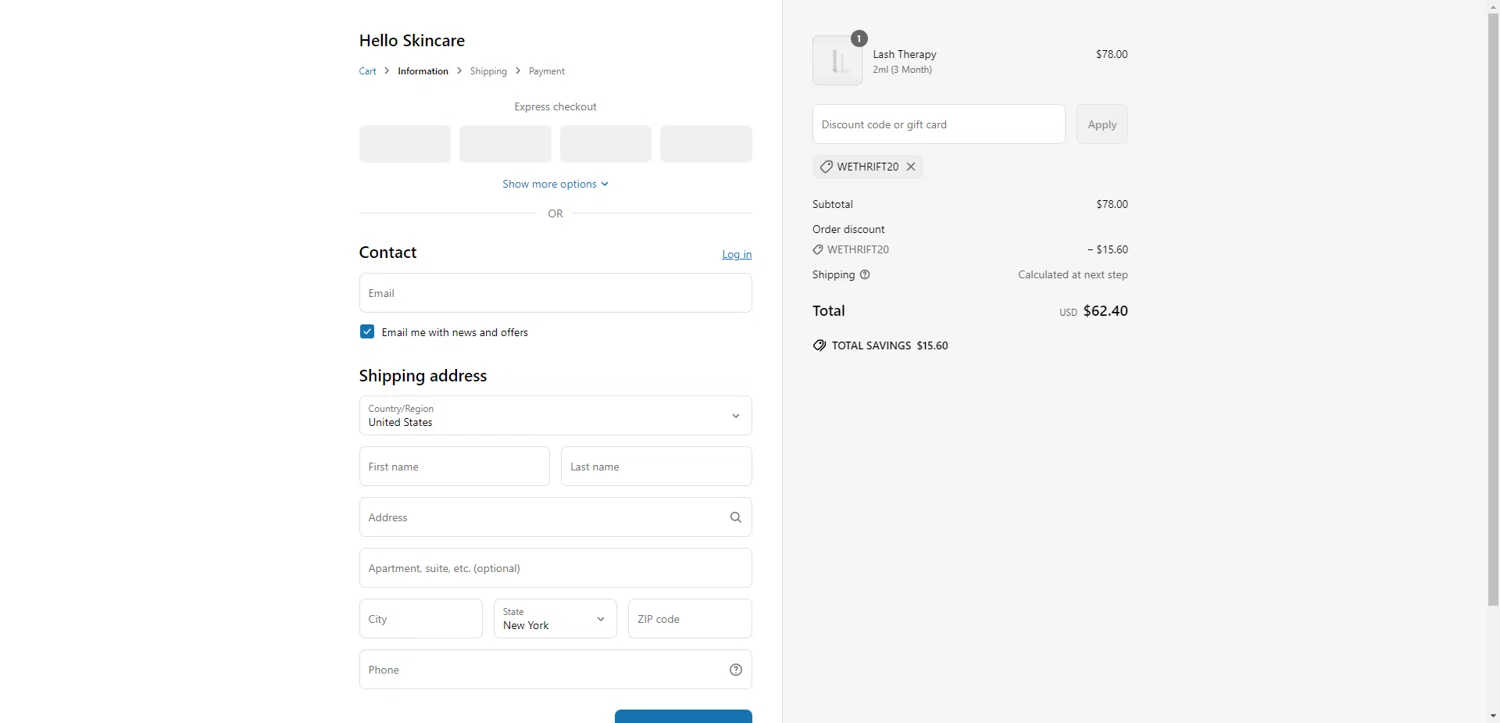 Hello Skincare discount code screenshot showing code WETHRIFT20 applied at Hello Skincare checkout page. Uploaded by SimplyCodes community member RewardTitan728 on Jun 30, 2025