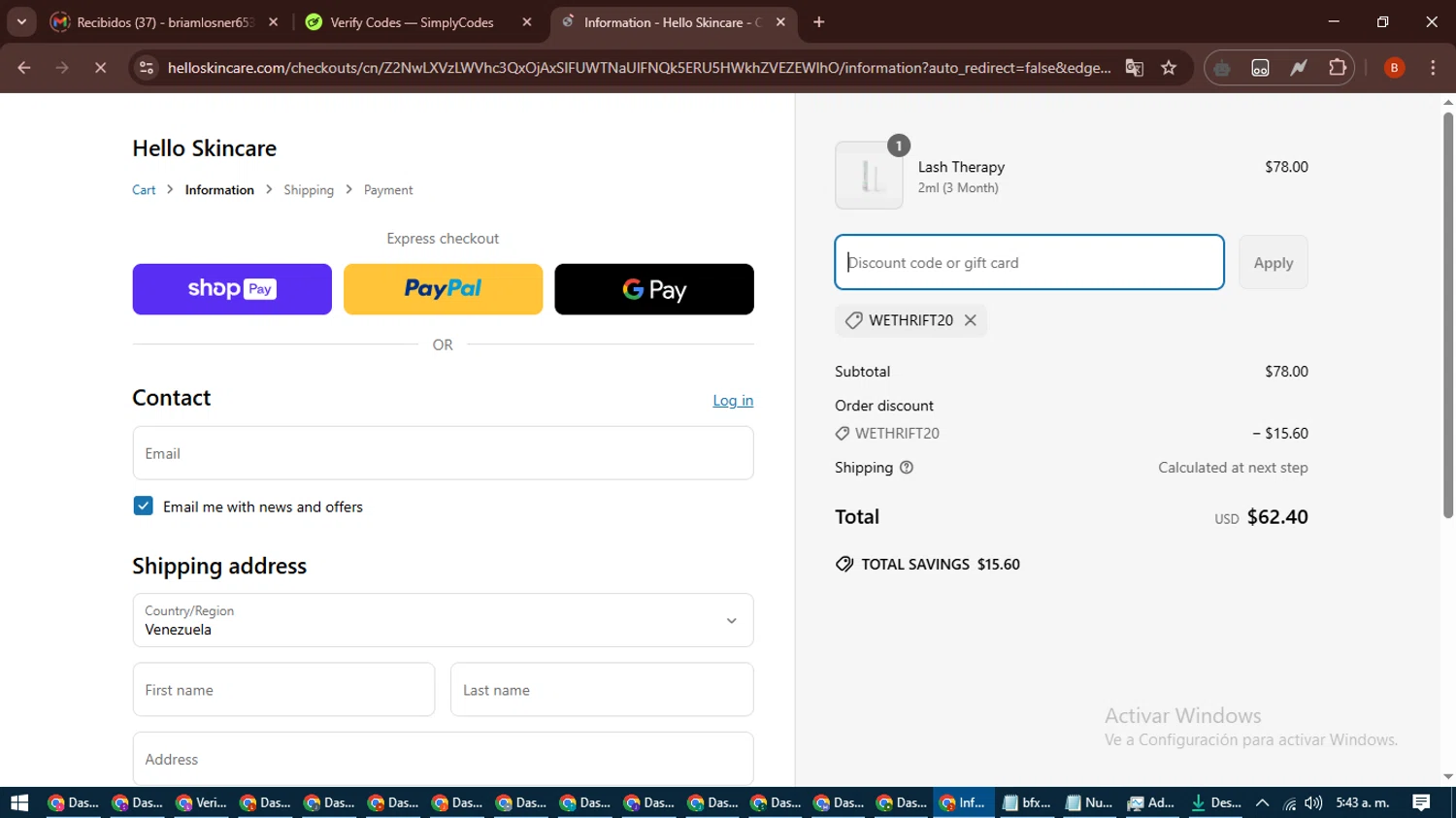 Hello Skincare discount code screenshot showing code WETHRIFT20 applied at Hello Skincare checkout page. Uploaded by SimplyCodes community member DiscountExpert6435 on Apr 2, 2025
