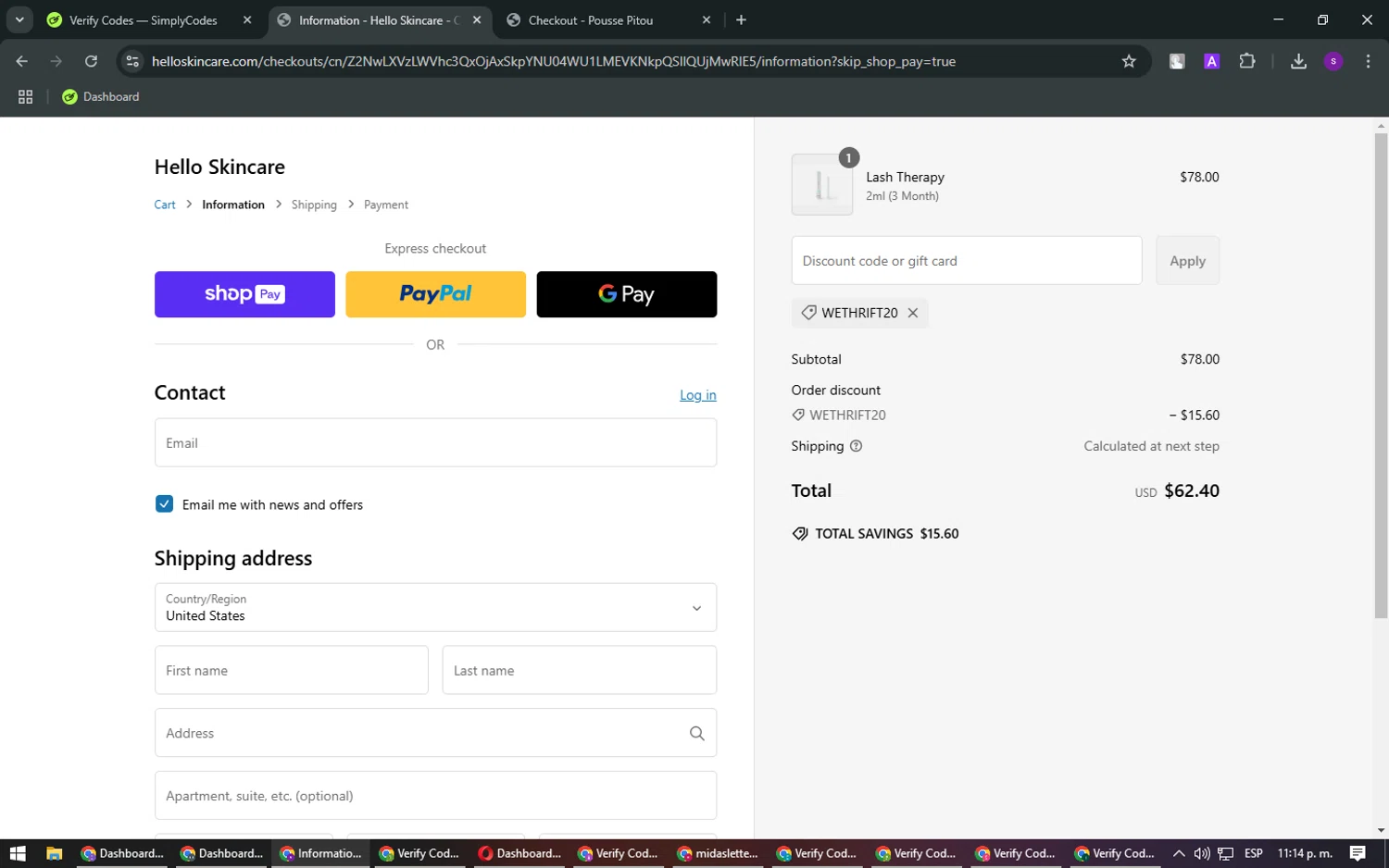 Hello Skincare discount code screenshot showing code WETHRIFT20 applied at Hello Skincare checkout page. Uploaded by SimplyCodes community member FrugalLegend5728 on Jan 31, 2025