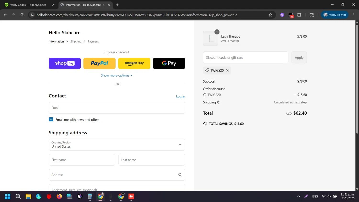Hello Skincare discount code screenshot showing code Twigs20 applied at Hello Skincare checkout page. Uploaded by SimplyCodes community member ArizaJuan on Jun 24, 2025