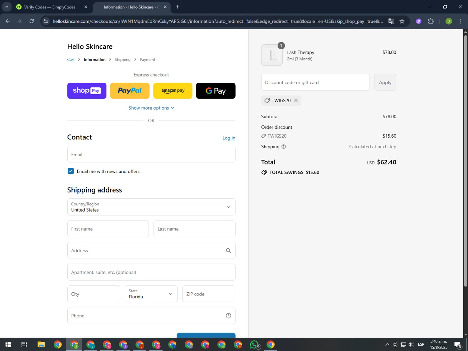 Hello Skincare discount code screenshot showing code Twigs20 applied at Hello Skincare checkout page. Uploaded by SimplyCodes community member MightyFinder1041 on Aug 15, 2025