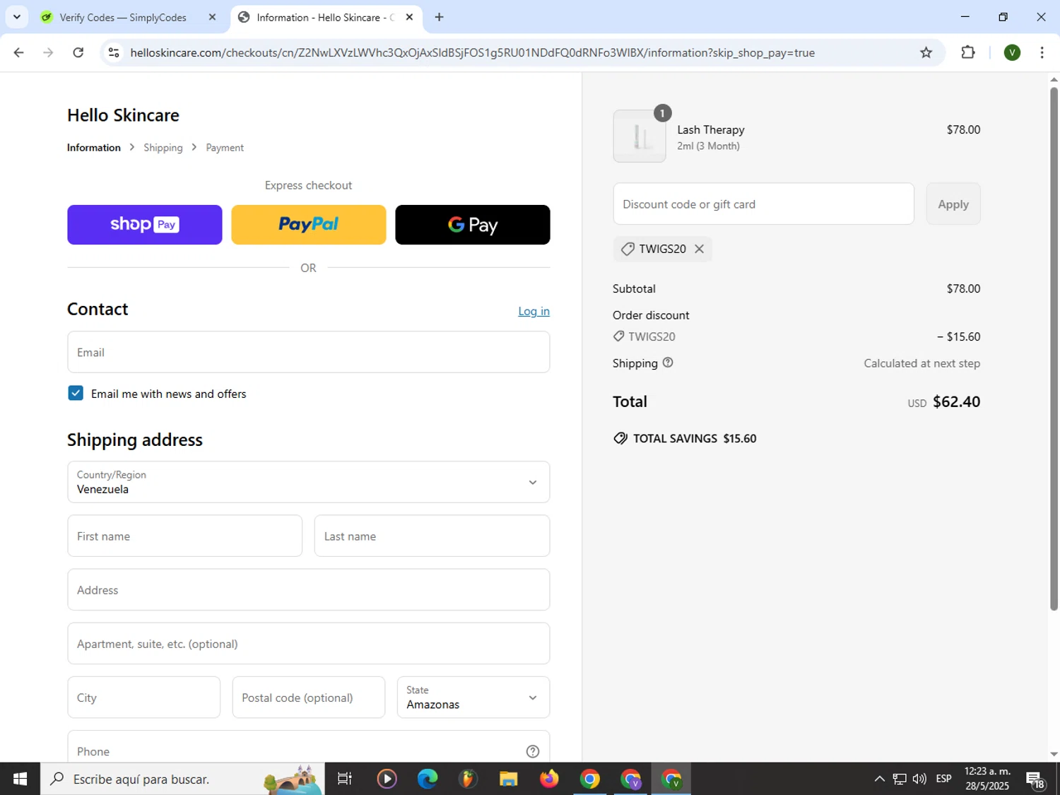 Hello Skincare discount code screenshot showing code Twigs20 applied at Hello Skincare checkout page. Uploaded by SimplyCodes community member PrimeWizard4168 on May 28, 2025