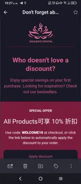WELCOME10 coupon verification screenshot