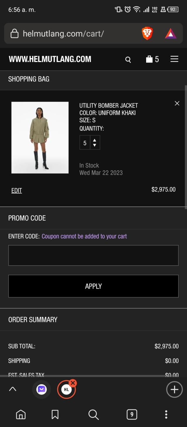 Helmut Lang checkout page showing Helmut Lang promo code box | Screenshot taken by SimplyCodes community member on Apr 17, 2023