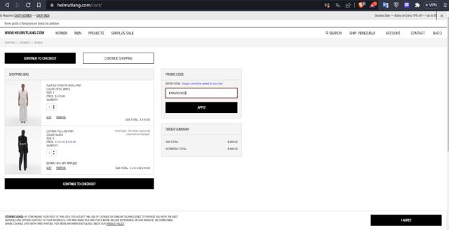 Helmut Lang checkout page showing Helmut Lang promo code box | Screenshot taken by SimplyCodes community member on Apr 23, 2023