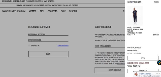 Helmut Lang checkout page showing Helmut Lang promo code box | Screenshot taken by SimplyCodes community member on Mar 21, 2021