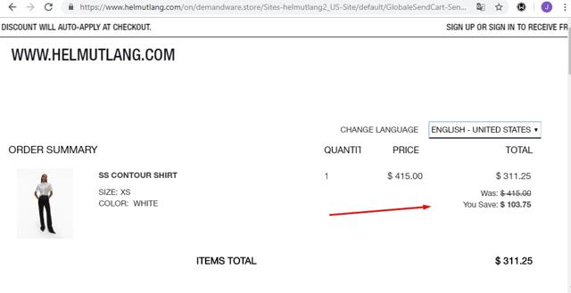 Helmut Lang checkout page showing Helmut Lang promo code box | Screenshot taken by SimplyCodes community member on Mar 22, 2021